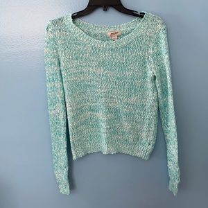 Teal and white crocheted long sleeved XS top